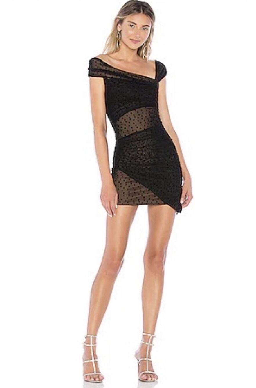 MAJORELLE Audrina Mesh Star Ruched Bodycon Asymmetrical Mini Dress Sheer hoco